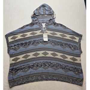 Monroe & Main Southwestern Hooded Poncho Sweater Blue Geometric Cotton Knit S/M